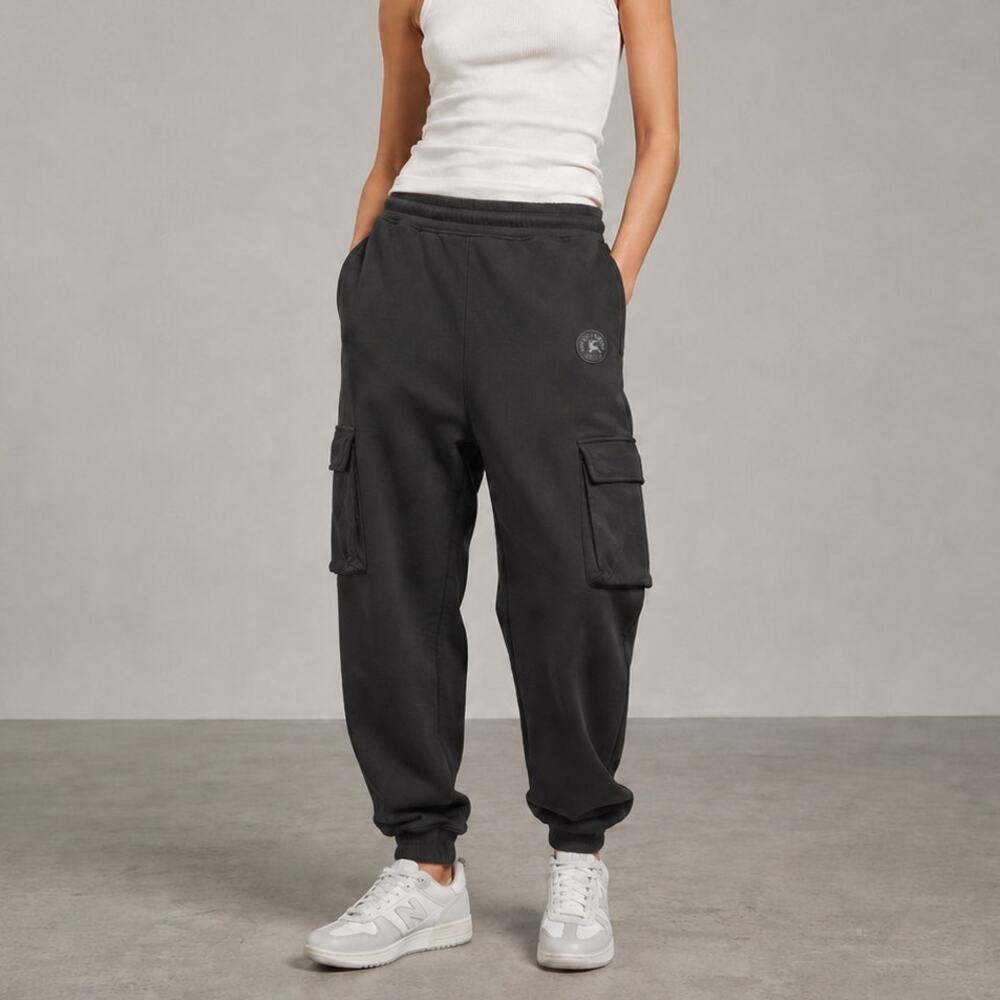 Burberry Cargo Sweatpants Black Cotton Pockets Logo Drawstring Waist
